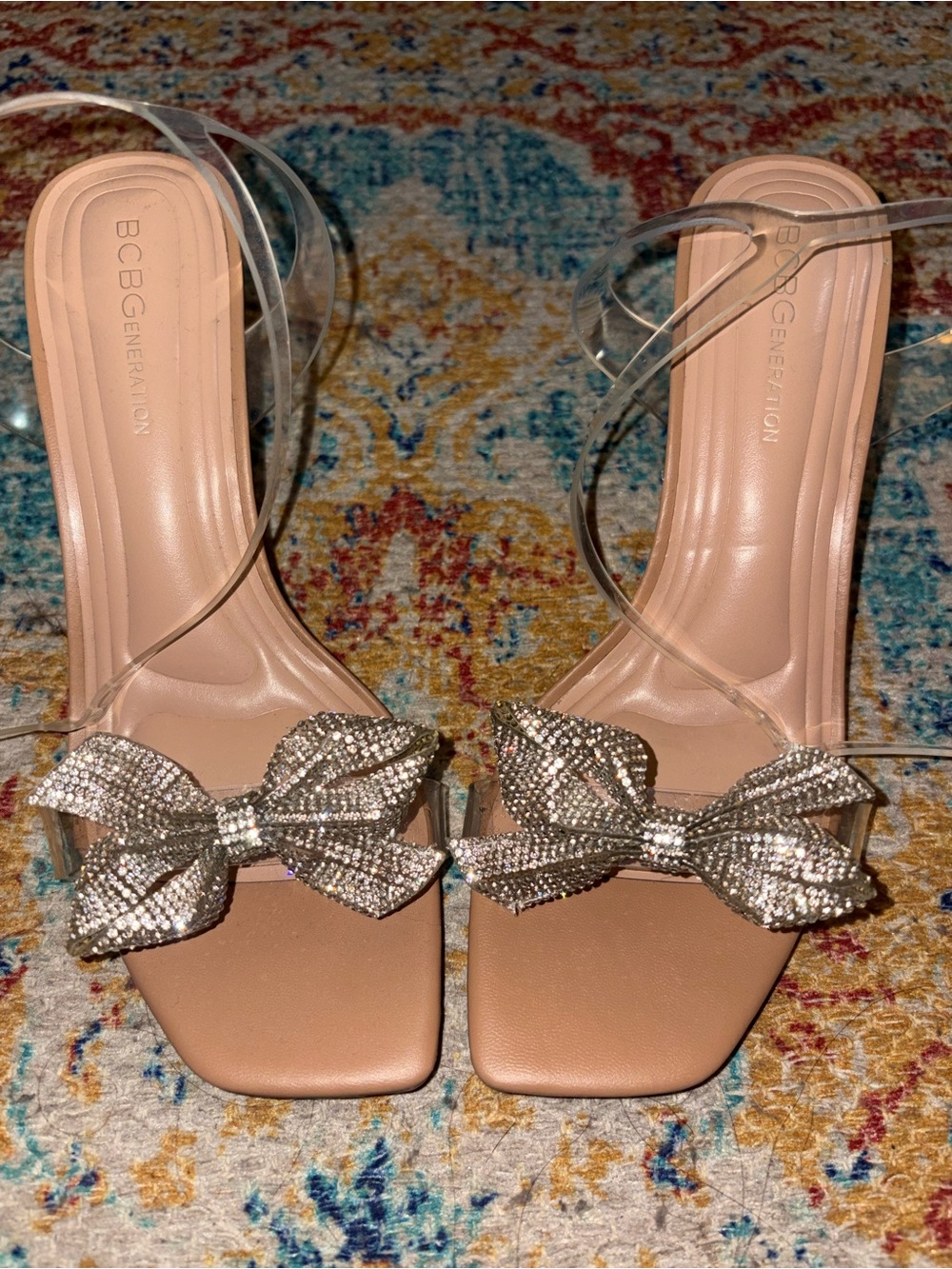 BCBGeneration Blush Nude Heels with Silver Rhinestone Bows